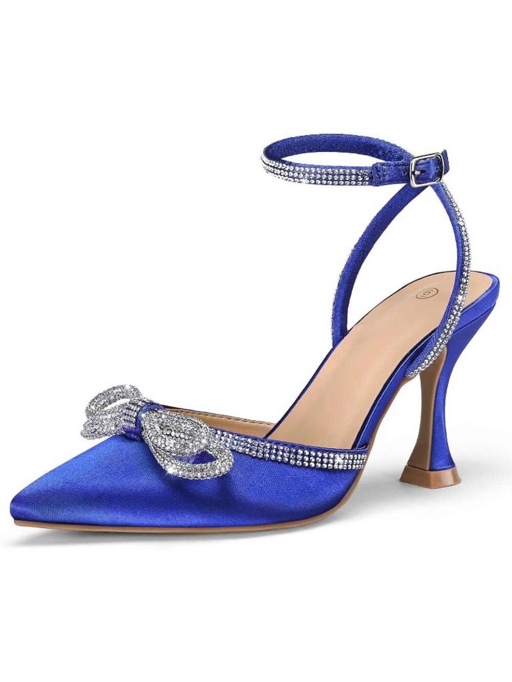 Women's Blue Rhinestone Kitten Heels Pumps Pointed Toe Ankle Strap Kitten Heel